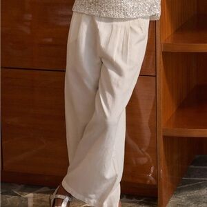 Loeil Elegant Cream linen  Wide-Leg Pants size small